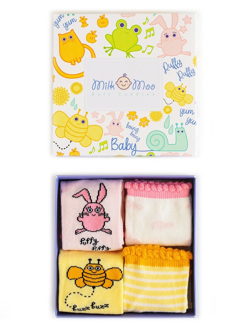 Milk & Moo 4 Pairs Baby Girl Socks, Newborn Socks, Soft Cotton, Warm Breathable Material, Non-Slip Grip Socks, 0-12 Months  - Image 1