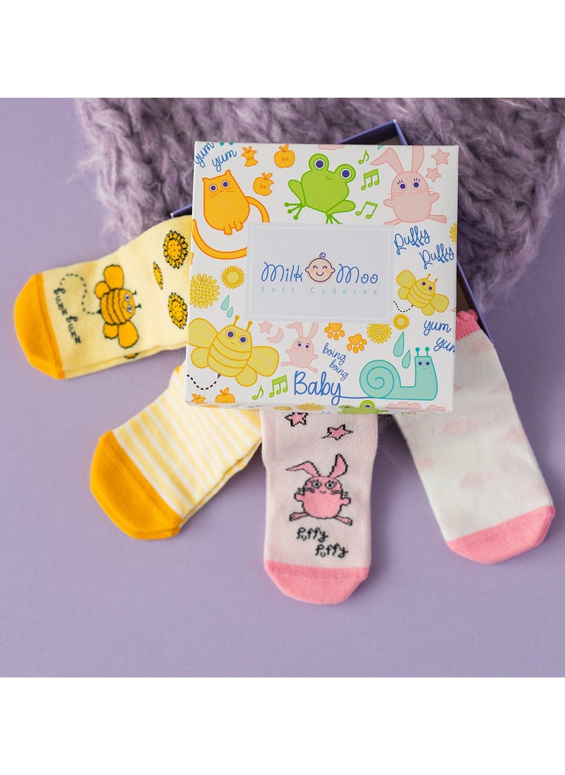 Milk & Moo 4 Pairs Baby Girl Socks, Newborn Socks, Soft Cotton, Warm Breathable Material, Non-Slip Grip Socks, 0-12 Months  - Image 2