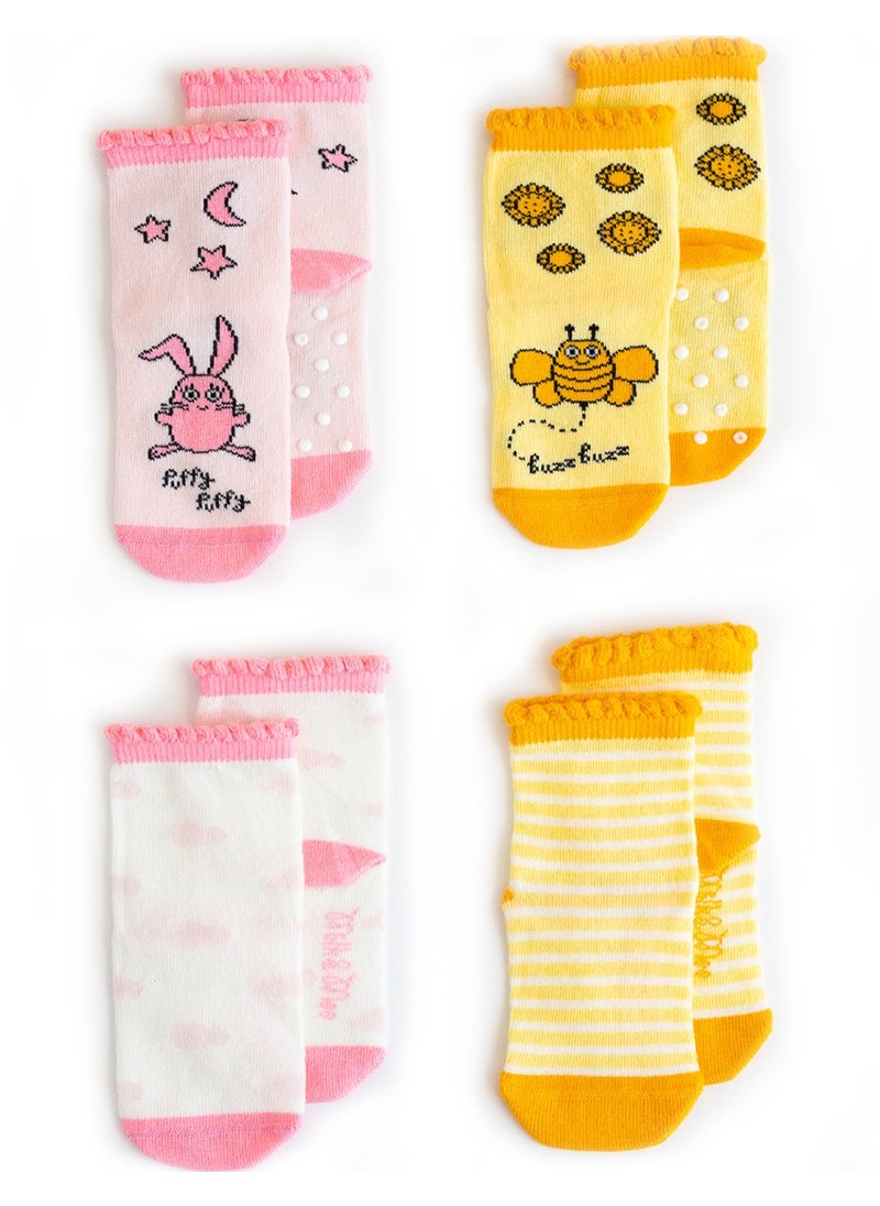 Milk & Moo 4 Pairs Baby Girl Socks, Newborn Socks, Soft Cotton, Warm Breathable Material, Non-Slip Grip Socks, 0-12 Months  - Image 3