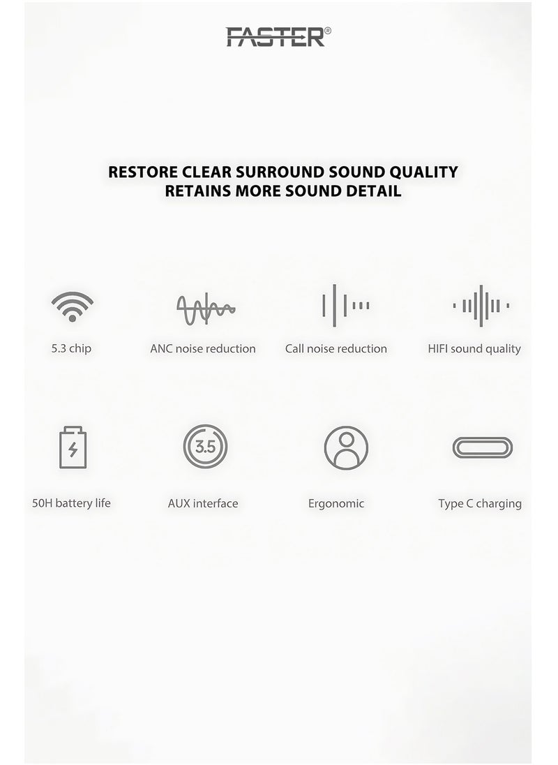 Faster - S5 Over-Ear Wireless Headphones with Microphone - Deep Bass Sound, HiFi Stereo Bluetooth Headphones - Active Noise Cancellation, Foldable Design, 40 Hours Playtime, Lightweight Foam Ear Cups - Ideal for Travel, Work, Gaming, and TV (White) - Image 1