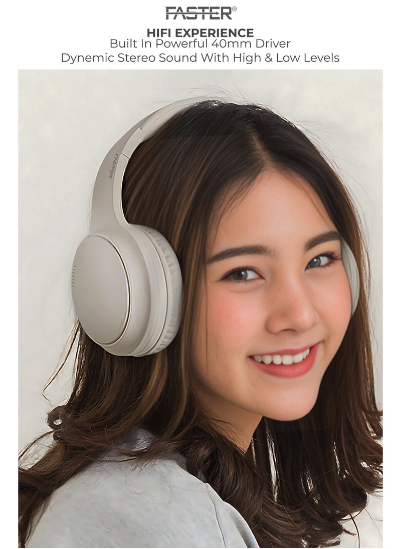 Faster - S5 Over-Ear Wireless Headphones with Microphone - Deep Bass Sound, HiFi Stereo Bluetooth Headphones - Active Noise Cancellation, Foldable Design, 40 Hours Playtime, Lightweight Foam Ear Cups - Ideal for Travel, Work, Gaming, and TV (White) - Image 1