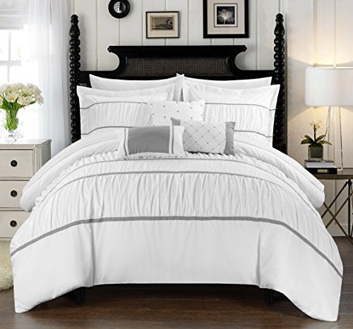 Chic Home Chic Home Cheryl 10 Piece Comforter Set Complete Bed in a Bag Pleated Ruched Ruffled Bedding with Sheet Set and Decorative Pillows Shams Included Queen White 