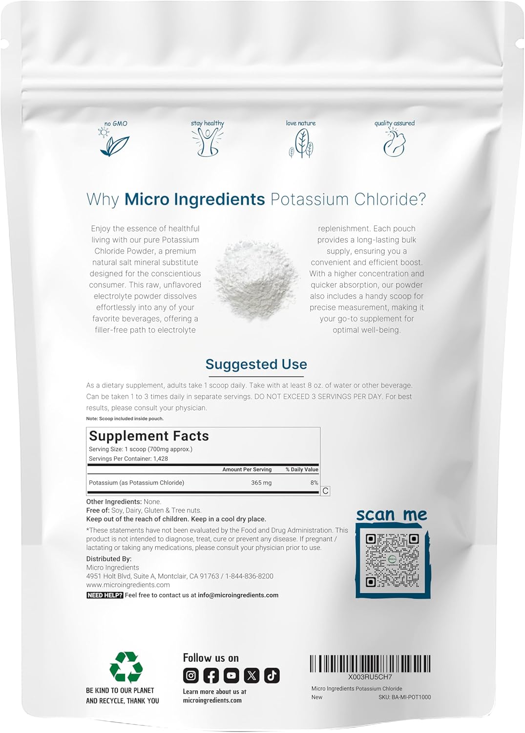 Micro Ingredients Potassium Chloride Powder 2.2lb
