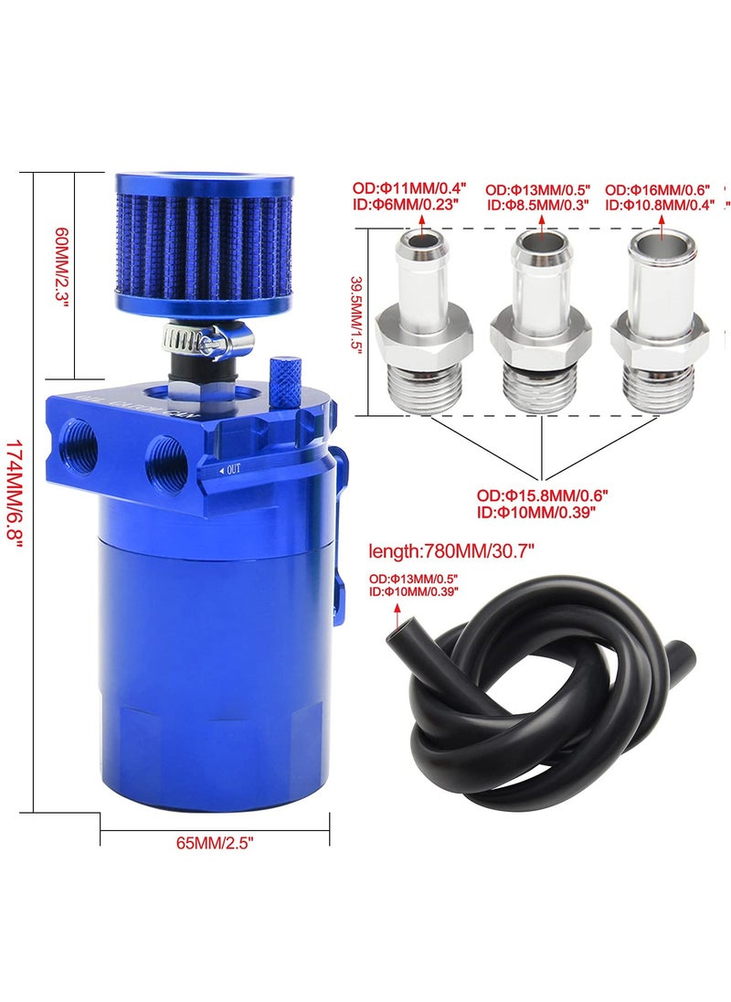TLAXCA - Universal Aluminum Baffled Reservoir Oil Catch Can Kit with Breather Filter, 2 Port Engine Air Oil Separator Tank 300ml Capacity Blue - Image 1