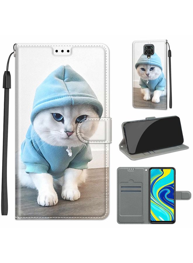 HuHa Case Cover For Xiaomi Redmi Note 9S/9 Pro Voltage Coloured Drawing Magnetic Clasp Horizontal Flip PU Leather Case with Holder & Card Slots C15 Blue Sweater White Cat