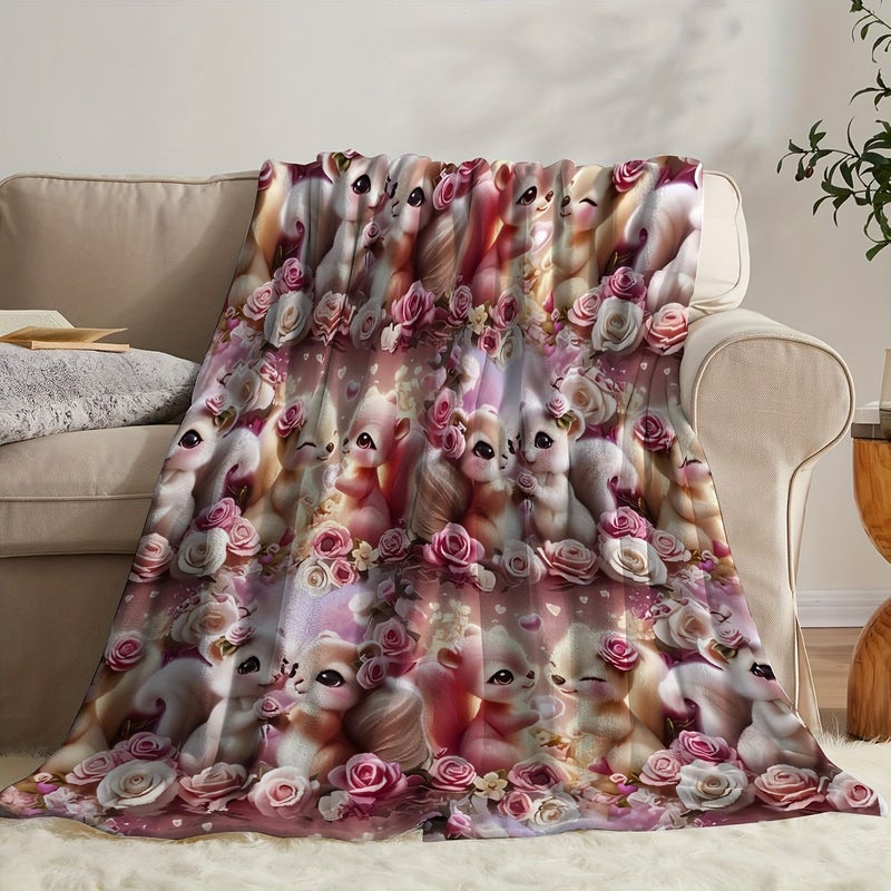1pc Multi Set Cute Squirrel Pink Floral Pattern Blanket 51.18x59.06 Inch Soft Warm Fairytale Romance Gift For Squirrel Lovers And Floral Enthusiasts Decorative - Image 2