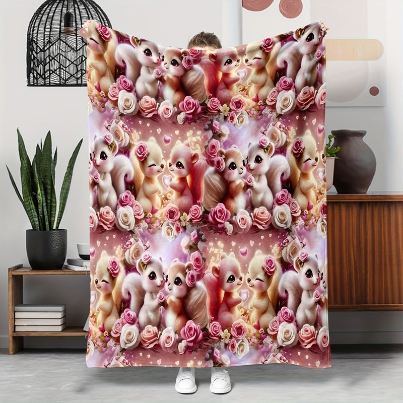 1pc Multi Set Cute Squirrel Pink Floral Pattern Blanket 51.18x59.06 Inch Soft Warm Fairytale Romance Gift For Squirrel Lovers And Floral Enthusiasts Decorative - Image 1