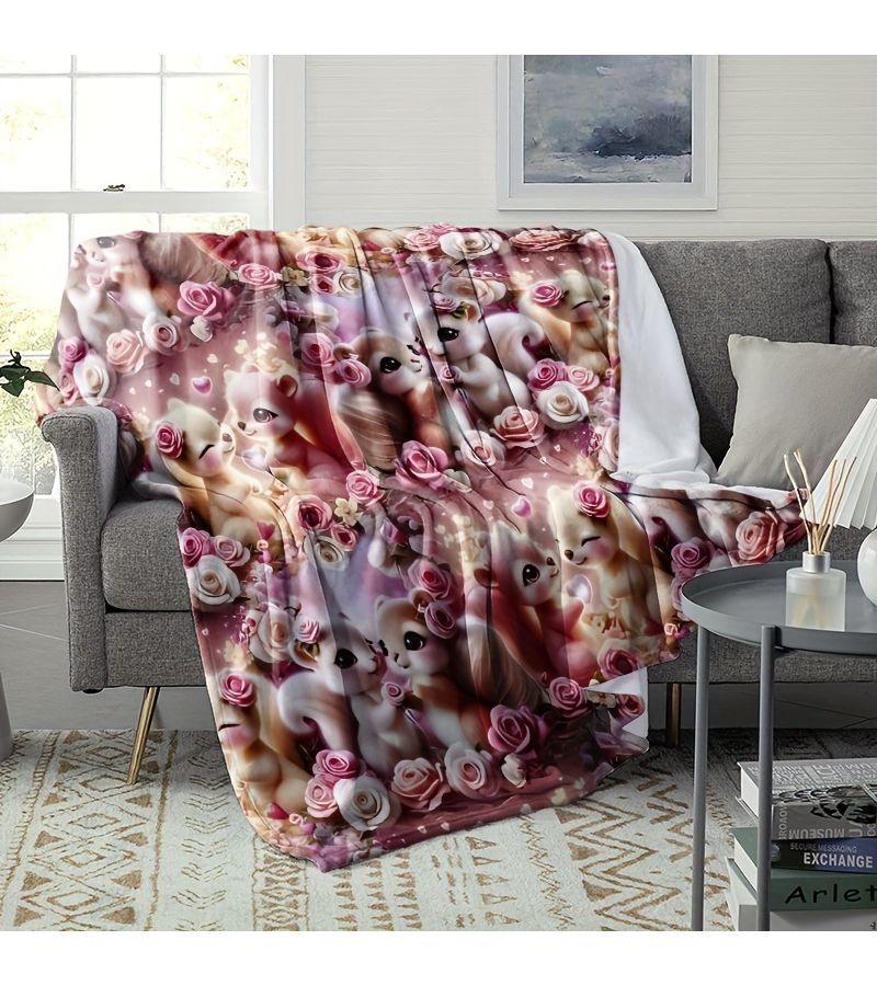 1pc Multi Set Cute Squirrel Pink Floral Pattern Blanket 51.18x59.06 Inch Soft Warm Fairytale Romance Gift For Squirrel Lovers And Floral Enthusiasts Decorative - Image 4