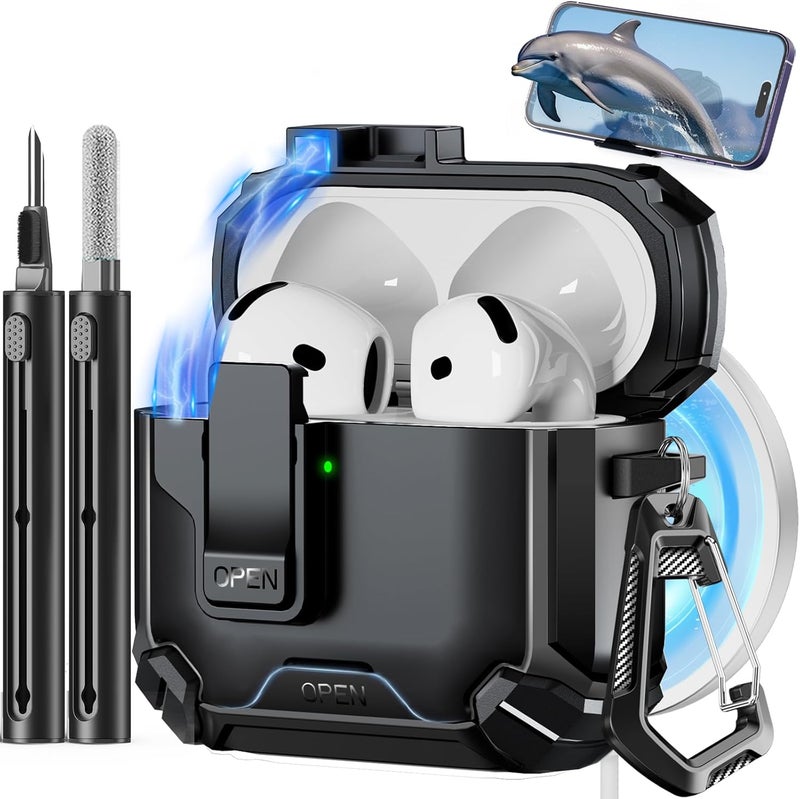 Pohgelan Compatible with AirPods 4 Case - Magnetic Automatic Lock with Phone Stand & Cleaning Kit - Black - Image 1