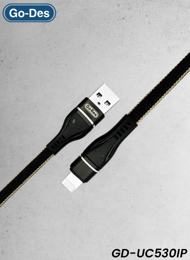 كابل مزامنة بيانات Go-Des GD-UC530IP للشحن السريع 2.4 أمبير بطول 2 متر، مصنوع من هيكل مضفر متين، ولب من النحاس المطلي، وموصلات معززة، وتصميم مقاوم للحرارة، ومخرج تيار ثابت، وحماية أمان متعددة، وتوافق واسع مع الهواتف والأجهزة اللوحية والأجهزة الأخرى. - Image 1