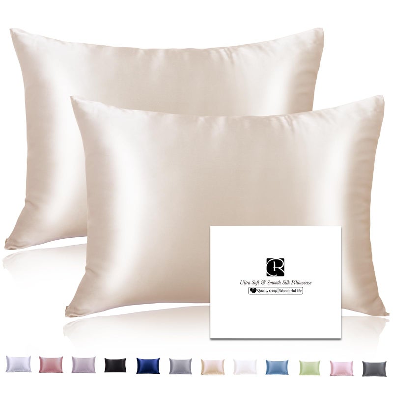 Ravmix Silk Pillow Cases 2 Pack with Zipper 21momme Mulberry Silk Pillowcase for Hair Skin Soft Smooth Breathable Cool Pillow Cover for Beauty Sleep with Gift BoxStandard 20x26 Cream Beige
