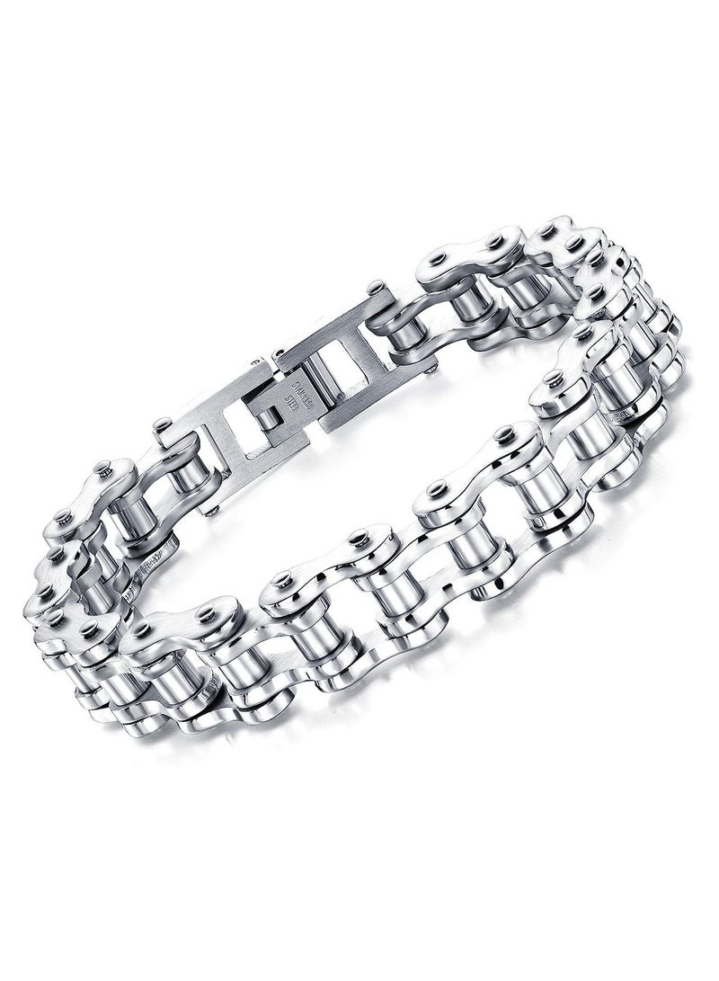 KASTWAVE Mens Chunky Link Bracelets, Stainless Steel Wristband Heavy Bike Chain Bracelet, Bicycle Link Wristband for Man, Sliver - Image 1