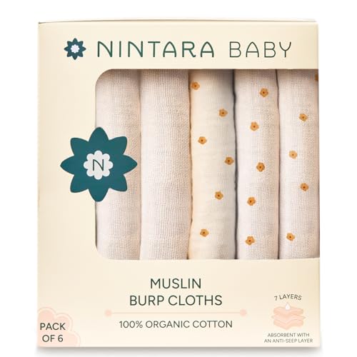 NINTARABABY Burp Cloths – 100% Organic Muslin Cotton, 7-Layer Absorbent & Waterproof, Extra-Large (55×30 cm), Soft & Hypoallergenic, Multipurpose Baby Essentials & Gift for Newborns, Pack of 6 - Image 1