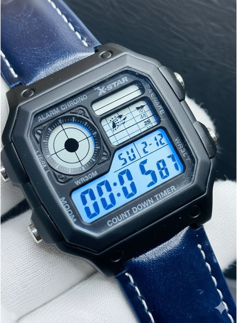 Macon Men’s Digital Sports Watch, Black Square Dial, Dark Blue Leather Strap, Alarm, Stopwatch, Waterproof - Image 2