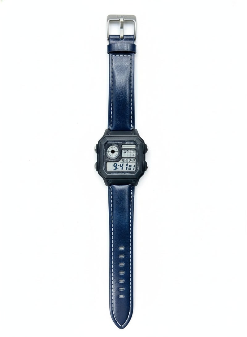 Macon Men’s Digital Sports Watch, Black Square Dial, Dark Blue Leather Strap, Alarm, Stopwatch, Waterproof - Image 1