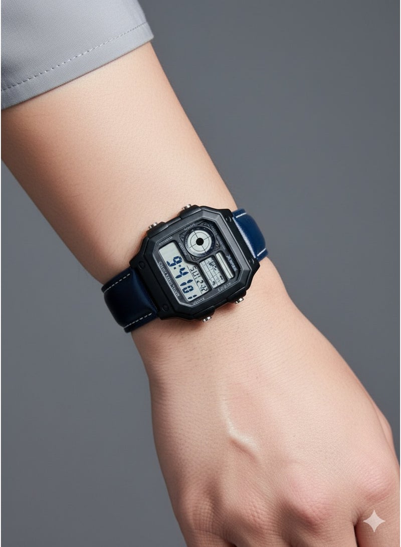 Macon Men’s Digital Sports Watch, Black Square Dial, Dark Blue Leather Strap, Alarm, Stopwatch, Waterproof - Image 4