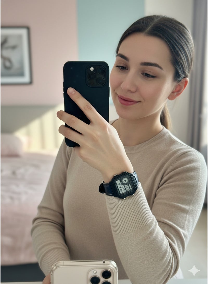 Macon Men’s Digital Sports Watch, Black Square Dial, Dark Blue Leather Strap, Alarm, Stopwatch, Waterproof - Image 5