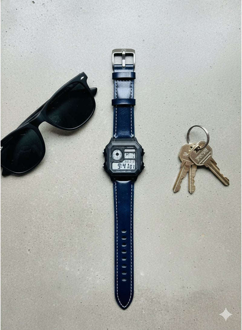 Macon Men’s Digital Sports Watch, Black Square Dial, Dark Blue Leather Strap, Alarm, Stopwatch, Waterproof - Image 3