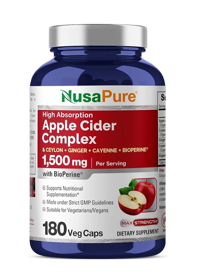 نوسابيور مركب خل التفاح، قرفة سيلان، زنجبيل عضوي، بيوبيرين، 180 كبسولة نباتية