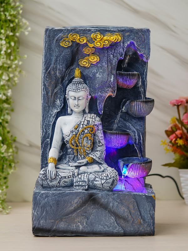 CHRONIKLE Grey Polyresin Tabletop Designer 4 Step Indoor Water Fountain for Home Decor with LED Speed Control Pump Size 26 x 18 x 44 CM Weight 2910Gram