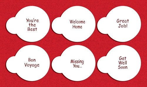 Designer Stencils C825 Encouragement Lettering Cookie Stencil Set, (YOU'RE THE BEST - WELCOME HOME - GREAT JOB - BON VOYAGE - MISSING YOU... - GET WELL SOON) Beige/semi-transparent - Image 2