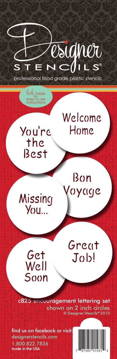 Designer Stencils C825 Encouragement Lettering Cookie Stencil Set, (YOU'RE THE BEST - WELCOME HOME - GREAT JOB - BON VOYAGE - MISSING YOU... - GET WELL SOON) Beige/semi-transparent - Image 1