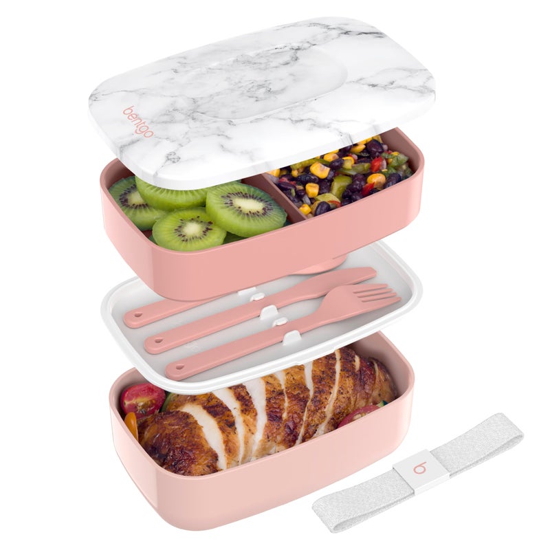 Bentgo Classic - Adult Bento Box, Stackable 3-Compartment Lunch Box with Removable Utensil Set and Sealing Strap, BPA-Free, Food Container Ideal for Meal Prep, Work, and On the Go (Blush Marble) - Image 1