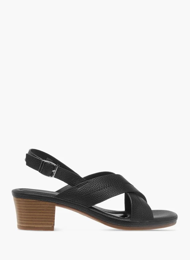 Womens Textured Cross Strap Sandals With Block Heels And Buckle Closure