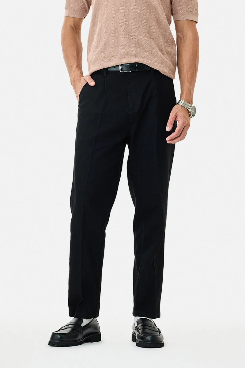 SNITCH Black Solid Relaxed Casual Trousers