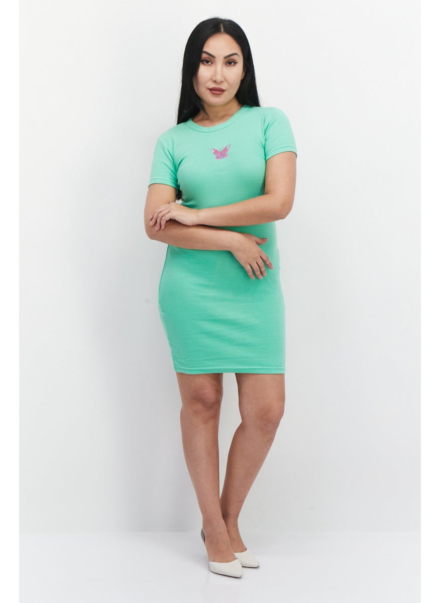 X-Girl Women Round Neck Short Sleeve Mini Dress, Green  - Image 2