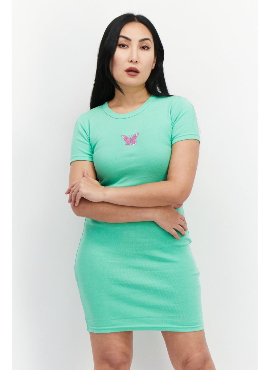 X-Girl Women Round Neck Short Sleeve Mini Dress, Green  - Image 1