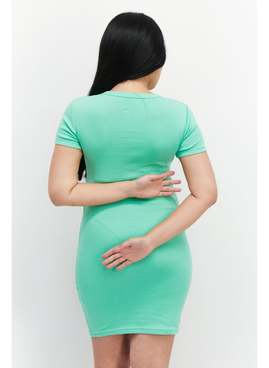 X-Girl Women Round Neck Short Sleeve Mini Dress, Green  - Image 3