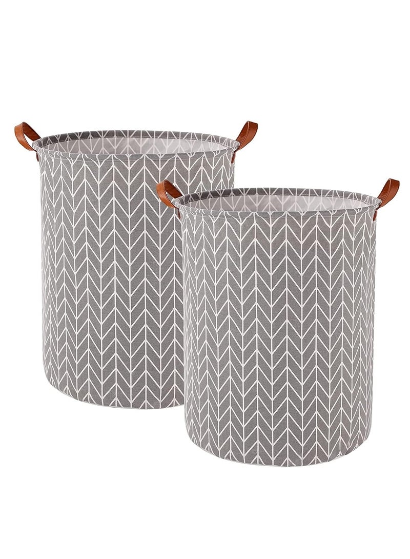 Arabest 2 Pack Collapsible Laundry Basket, Large Waterproof Laundry Hamper, Foldable Round Storage Organizer with Leather Handles for Dirty Clothes, Kids Toys (Grey)  - Image 1