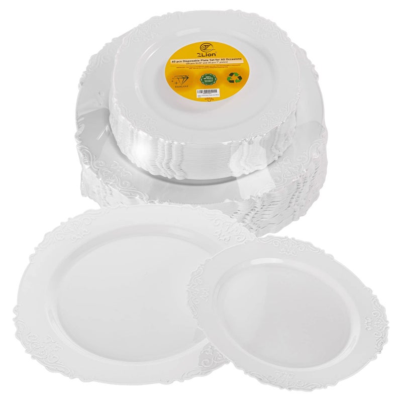 Zlion 60 Piece White Disposable Plate Set  Elegant Plastic Dinnerware for Parties Weddings Birthdays  Baby Showers  Includes 30X 1025 inch Main Course Plates  30X 75 inch Dessert Plates