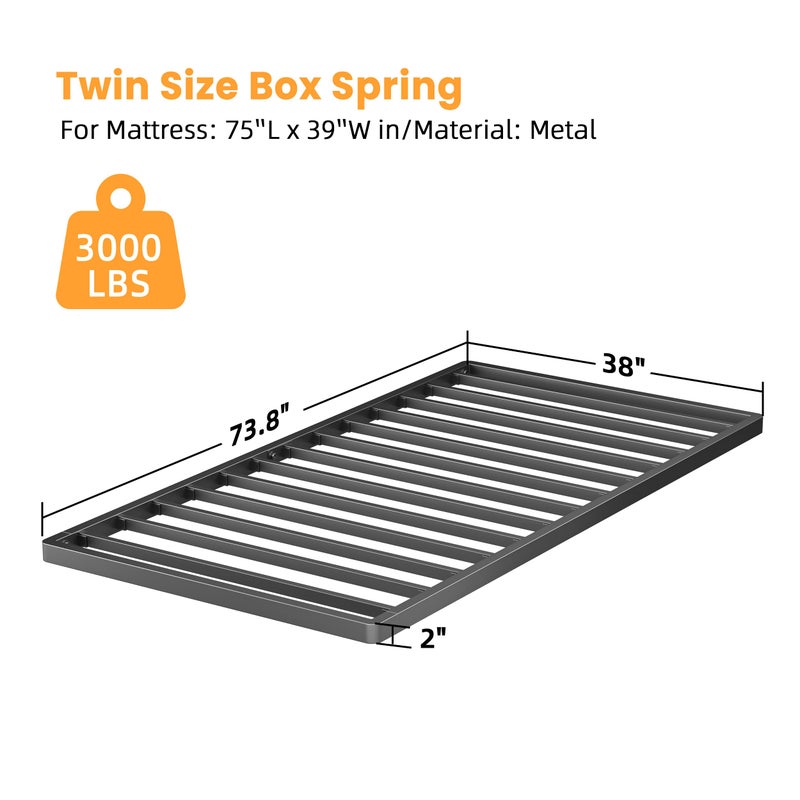 VIPSHOW 2 Inch Twin Metal Box Spring with Round Corners - 3000 lbs Capacity, Low Profile Bed Slat Replacement Bunkie Board with Steel Slats, Noise-Free, Easy Assemble, Black - Image 3