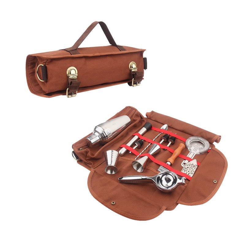 Hosoncovy Bartender Bag Travel Bartender Kit Bag with Shoulder Strap Portable Barware Set Roll Bag for Storage Travelling Camping Picnic Parties Cocktail Making Empty Bag Brown
