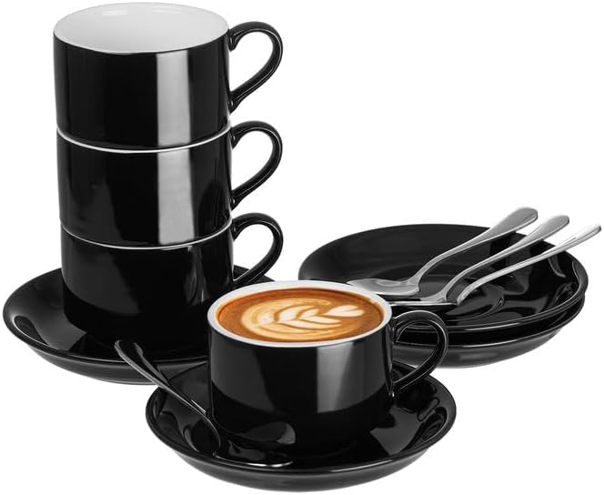 Meichu Stackable Espresso Cups and Saucers Set with Stainless Steel Spoons for 4 25oz Ceramic Demitasse Cups Durable Porcelain Coffee Cups for Hot Drinks Tea GiftsBlack - Image 1