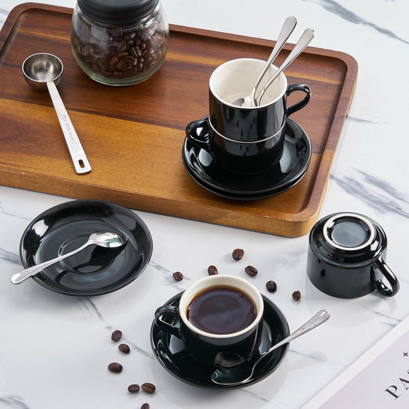 Meichu Stackable Espresso Cups and Saucers Set with Stainless Steel Spoons for 4 25oz Ceramic Demitasse Cups Durable Porcelain Coffee Cups for Hot Drinks Tea GiftsBlack - Image 4