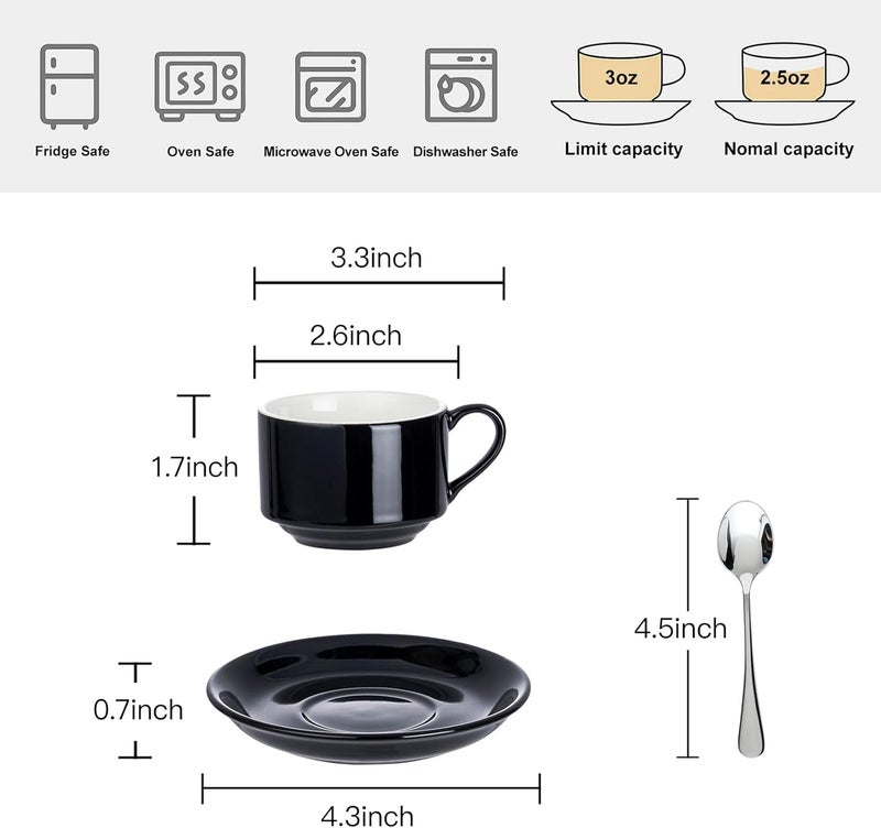 Meichu Stackable Espresso Cups and Saucers Set with Stainless Steel Spoons for 4 25oz Ceramic Demitasse Cups Durable Porcelain Coffee Cups for Hot Drinks Tea GiftsBlack - Image 2