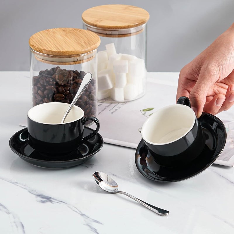 Meichu Stackable Espresso Cups and Saucers Set with Stainless Steel Spoons for 4 25oz Ceramic Demitasse Cups Durable Porcelain Coffee Cups for Hot Drinks Tea GiftsBlack - Image 5