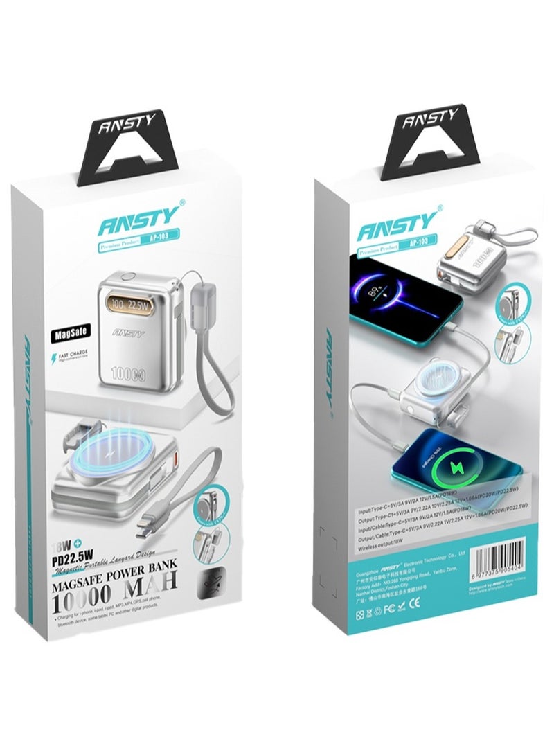 ANSTY AP-103 Power Bank 22.5W - 18W Wireless Output, Built-in Lightning & Type-C Cables, PD 20W Fast Charging, Ultra-Slim Design - Image 1