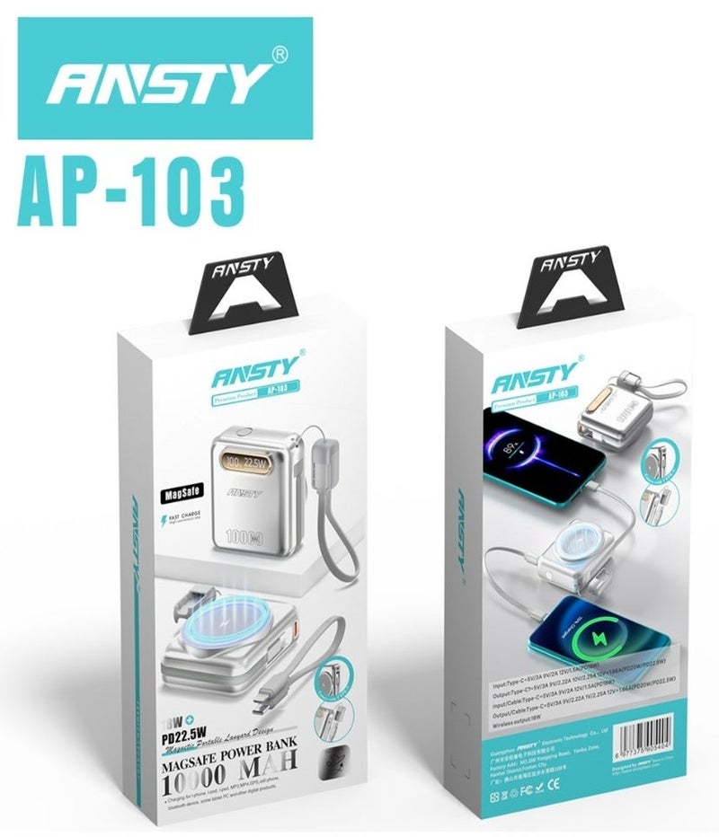ANSTY AP-103 Power Bank 22.5W - 18W Wireless Output, Built-in Lightning & Type-C Cables, PD 20W Fast Charging, Ultra-Slim Design - Image 2