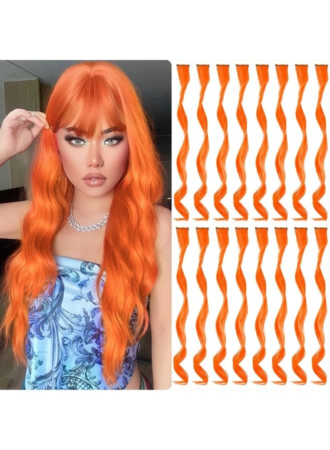 TOFAFA 16 Pcs Colored Hair Extensions Curly Wavy Clip in Synthetic Hairpiece Streak for Girls Women Kid, Multi-colors Party Highlights (Orange) - Image 1