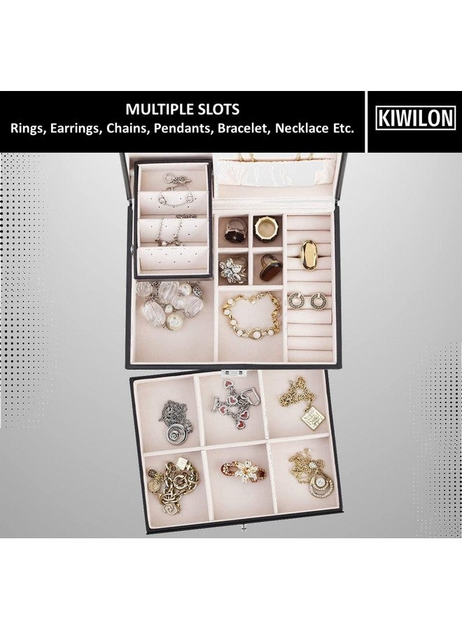 Kiwilon Jewellery Box For Women With Mirror I 2 Layer 17 Slots Jewellery Organiser Storage Box With Quilted Pattern | PU Leather Jewellery Box (BX-1) - Image 3