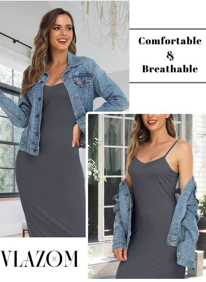 Vlazom Long Slip Dress for Women, Basic Adjustable Spaghetti Straps Cami Slip Dress Soft V Neck Nightgown Under Dresses  - Image 3