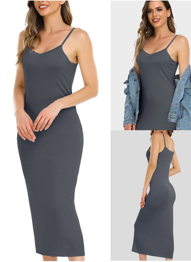 Vlazom Long Slip Dress for Women, Basic Adjustable Spaghetti Straps Cami Slip Dress Soft V Neck Nightgown Under Dresses  - Image 2