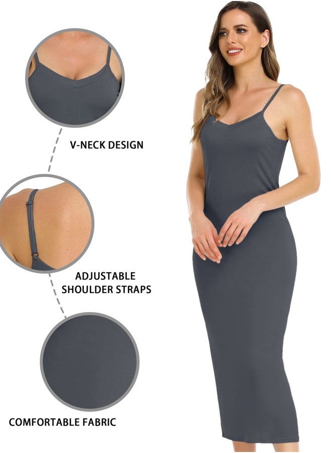 Vlazom Long Slip Dress for Women, Basic Adjustable Spaghetti Straps Cami Slip Dress Soft V Neck Nightgown Under Dresses  - Image 5