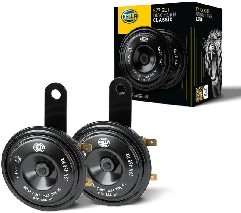 Hella 012588151 BLACK HORN SET 12V 360HZ/430HZ 2 HORN WITH MOUNTED BRACKET IN BOX WITH GRAPHIC INSTRUCTION Individual group scene compatible - Image 1