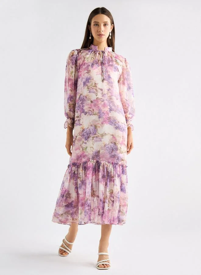 سبلاش فيڤ فستان بطبعات زهرية وياقة ماندرين وأكمام منفوخة وحافة واسعة