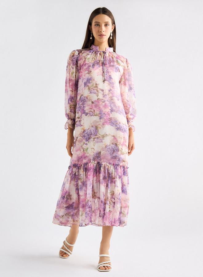 سبلاش فيڤ فستان بطبعات زهرية وياقة ماندرين وأكمام منفوخة وحافة واسعة - Image 2